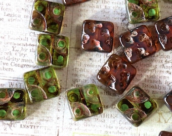 4 Czech Glass Square Beads - Green or Brown