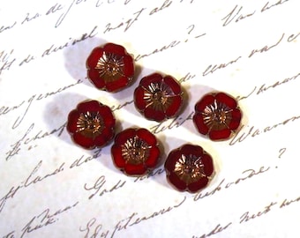 2 Deep Red and Gold Glass Czech Flower Beads