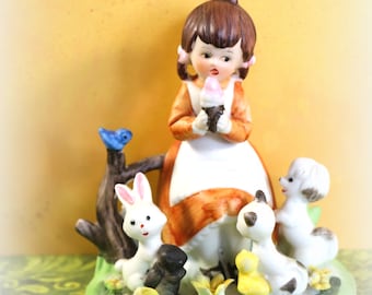 Vintage Lefton Sweet Little Girl with Animal Friends