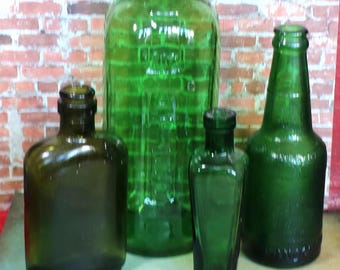 1 Vintage Green Glass Bottle