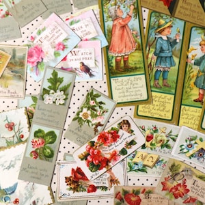 May include: A collection of vintage-style cards with floral and religious imagery. The cards feature illustrations of children, flowers, and biblical verses. The color palette includes soft pastels, with text such as "The Lord loveth the righteous".