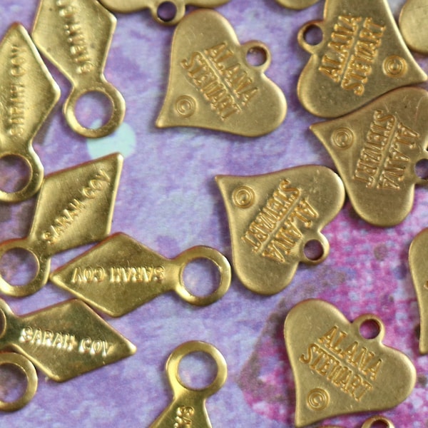 5 Vintage Brass Jewelry Tags: Alana Stewart/Sarah Coventry