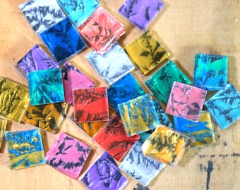 10 Small Colorful Decorated Glass Tile Pieces