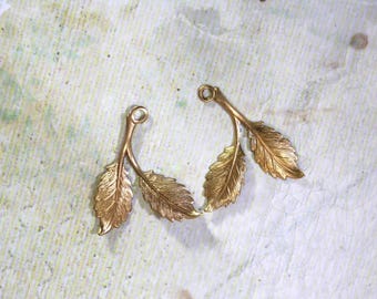 2 Vintage Stamped Brass Twp Leaves and Stem