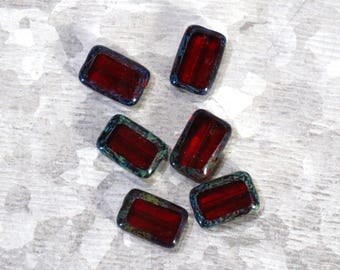2 Czech Red Glass Square Beads