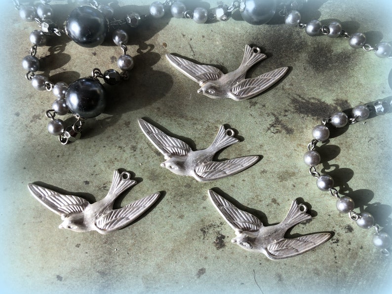 1 Vintage Large Silver Flying Bird Stamping Charm