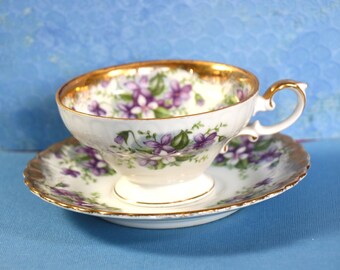 Vintage Royal Sealy Pedestal Teacup and Saucer with Lavender Flowers