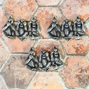 May include: Silver-toned metal charms depicting the three wise monkeys: see no evil, hear no evil, speak no evil. The charms are detailed with skeletal features and are arranged on a hexagonal tile surface.