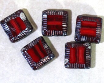 2 Czech Red Glass Square Beads