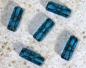 2 Czech Glass Aqua Blue and Black Rectangular Beads