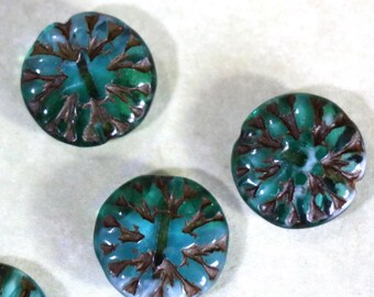 2 Green-Blue Brown Circular Glass Czech Beads
