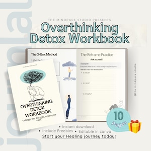 Puede incluir: El Overthinking Detox Workbook es una guía digital con una portada que muestra a una persona sentada bajo una nube, titulada "Untangle your thoughts, reclaim your calm." Las páginas interiores incluyen "The 3-Box Method" y "The Reframe Practice" con preguntas como "Is it true?" e "Is it kind?" junto a ilustraciones.