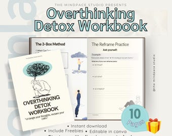 Quaderno di esercizi per disintossicarsi dal pensare troppo / 10 pagine / Svuota la mente / Quaderno di esercizi per la cura di sé / Foglio di lavoro terapeutico stampabile in PDF / PDF modificabile con Canva / Download immediato