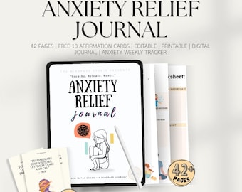 May include: Anxiety Relief Journal digital product featuring 42 pages, 10 affirmation cards, and a weekly tracker. The cover displays the text "Anxiety Relief Journal," "Breathe. Release. Reset," and an illustration of a person sitting with a thought bubble.