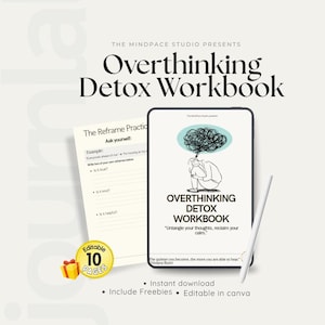 May include: The Overthinking Detox Workbook digital product features a tablet displaying a cover with a line drawing of a person with a tangled cloud above their head, alongside a page titled The Reframe Practice with prompts and lines.