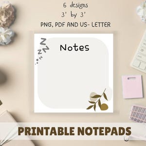 Może przedstawiać: Kwadratowy notatnik ze słowem „Notes” w kolorze czarnym, z minimalistycznym designem z oliwkowymi akcentami botanicznymi. Notatnik ma wymiary 91 cm na 91 cm i zawiera tekst „Printable Notepads”.