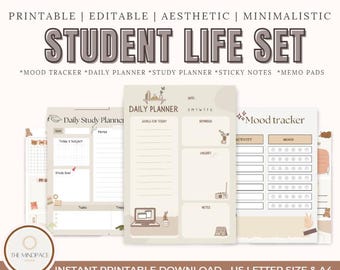 Paquete imprimible de productividad estudiantil / Planificador + Registro de estado de ánimo + Apuntes de estudio / PDF editable en Canva / Organizador universitario / Descarga instantánea