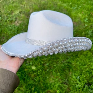 The CLASSY I DO  ivory pearl and rhinestone cowgirl hat bachelorette bride wedding