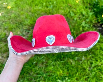 RED SPARKLE heart rhinestone cowgirl hat bachelorette stagecoach Coachella