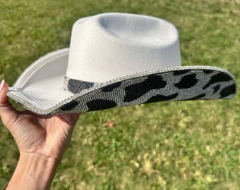 IVORY COW PRINT rhinestone cowgirl hat bachelorette
