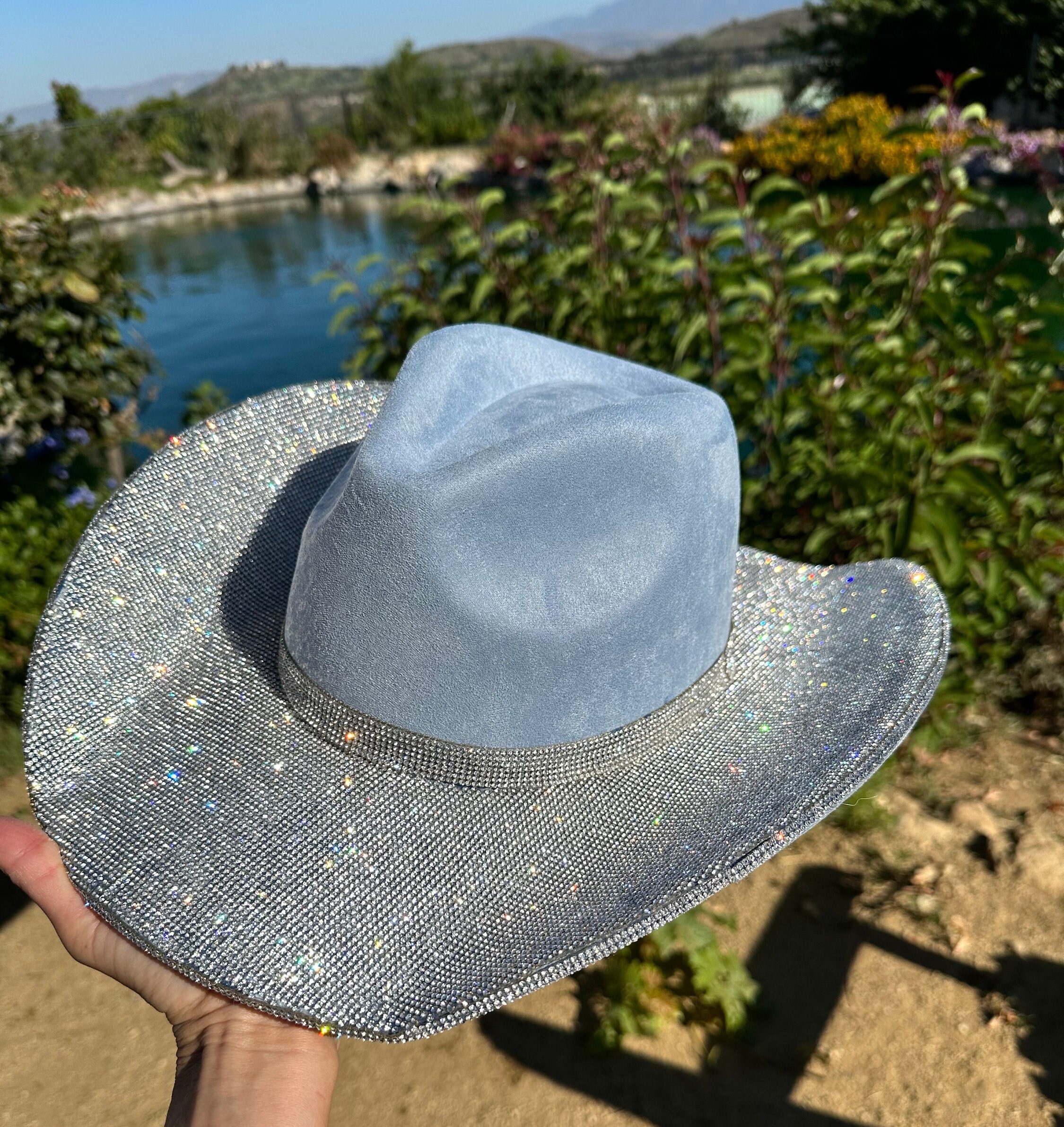 9876 All Over Rhinestone Denim Cowboy Hat With Chinstraps For Women (us, Denim Cowgirl Hat With Rhinestones - Etsy main image 3