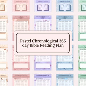 Könnte beinhalten: Eine Sammlung von Bibel-Leseplan-Vorlagen in Pastellfarben. Jede Vorlage zeigt einen chronologischen Leseplan für das Jahr mit dem Titel "Pastel Chronological 365 day Bible Reading Plan."