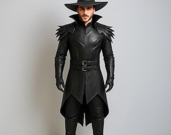 Handmade Black Leather Wizard Coat, Golden Embroidery, Gothic LARP