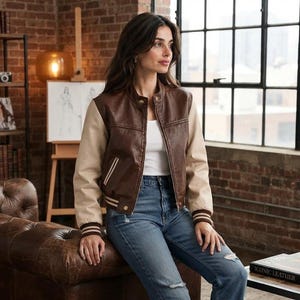 Könnte beinhalten: Eine Jacke im College-Stil mit einem dunkelbraunen Körper in Lederoptik und kontrastierenden cremefarbenen Ärmeln. Die Jacke verfügt über einen Stehkragen, einen Frontreißverschluss sowie gerippte Bündchen und einen Saum mit Streifen.