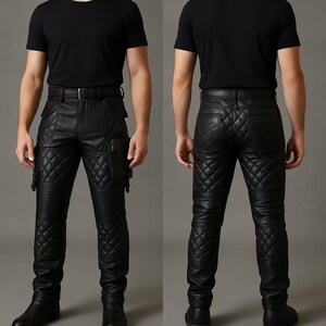 Pantalon de motard en cuir Gothic Warrior : pantalon cargo en cuir de vachette matelassé