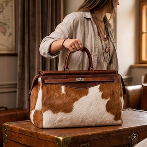 May include: A large travel bag featuring a brown and white cowhide pattern on the main body, complemented by smooth brown leather trim, a top handle, and a silver-toned metal clasp closure across the front flap for secure storage.