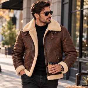 May include: A brown leather jacket with a thick cream-colored shearling lining, a wide fold-over collar, long sleeves with shearling cuffs, a front zipper closure, and a buckle strap detail at the neck, worn over a black turtleneck sweater.