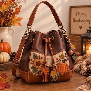 Autumn Handbag Pumpkin Sunflower Purse, Fall Shoulder Bag, Thanksgiving Gift, Boho Harvest Bucket Bag
