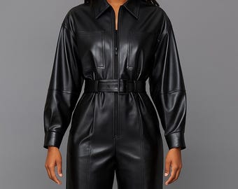 Handmade Black Cowhide Leather Jumpsuit: Utility Cosplay Outfit