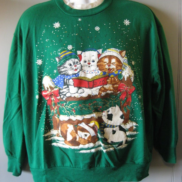 Vintage Ugly Christmas Sweater/Sweatshirt -Kitten and Teddy Bear Sitting By Window - So Precious - Adult XL/XXL