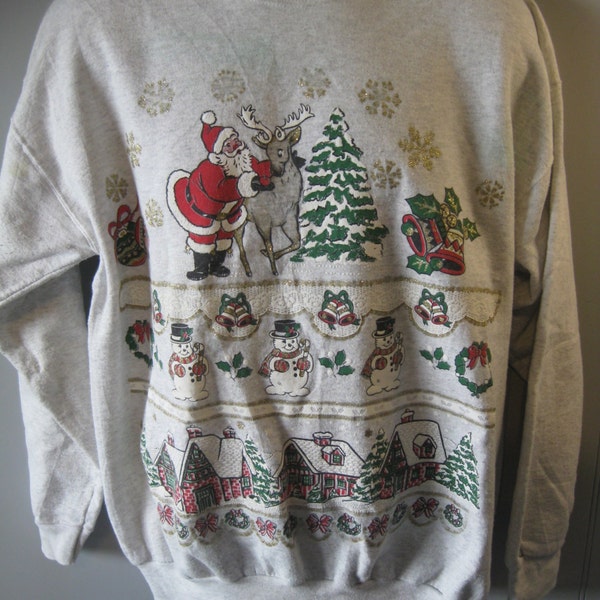 Vintage Ugly Christmas Sweater/Sweatshirt - Santa Feeding Reindeer An Apple! GLITTER Very Precious!  - Adult Large / XL A159