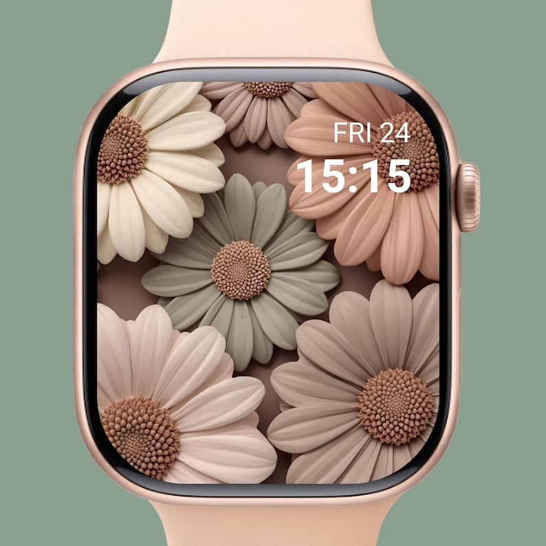 May include: A rose gold smartwatch with a floral display. The watch face features a pattern of large, stylized daisies in shades of white, pink, and green. The date and time, Friday 24, 15:15, are displayed in white text.