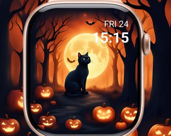 Spooky Black Cat Halloween Apple Watch Face, Cute Black Cat Watch Face, Spooky Black Cat Halloween Apple Watch Wallpaper, Pumpkin Moonlight
