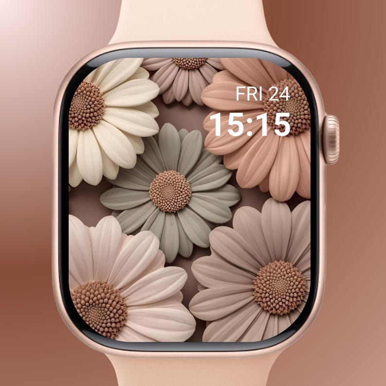 May include: A rose gold smartwatch with a floral watch face. The watch face displays a pattern of 3D daisies in shades of white, pink, and green. The time is 15:15 and the date is Friday, the 24th.