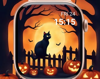 Spooky Black Cat Halloween Apple Watch Wallpaper, Black Cat Pumpkin Watch Face, Kitty Moonlight Halloween Watch Face (Digital Download)