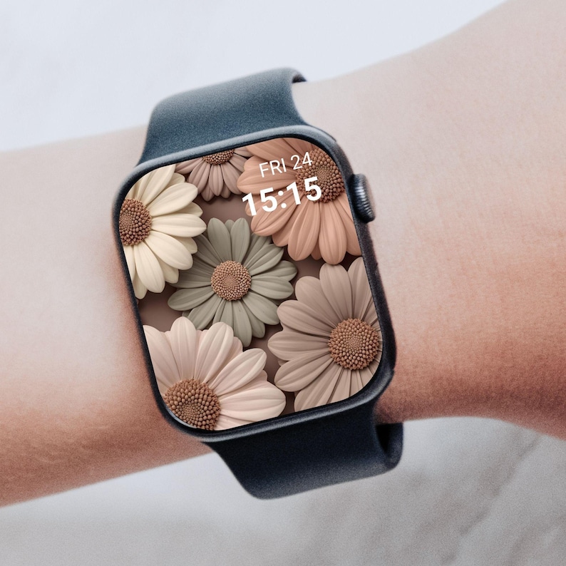 May include: A black smartwatch with a floral daisy design on the screen. The watch face displays the date, Friday the 24th, and the time, 15:15. The watch is worn on a wrist.