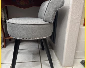 Handmade Gray Vanity Chair with Low Back, Round Padded Makeup Chair with Wood Legs, Dressing Table Stool for Bedroom