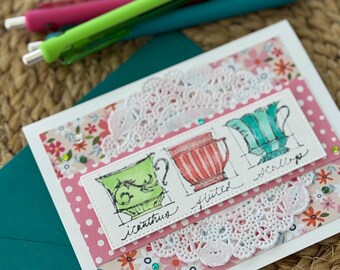 Hand Stamped Teacup Card – Hand Colored, Bead Embellished All Occasion Greeting