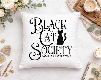 Black Cat Society Throw Pillow – Gothic Cat Home Decor, Witchy Cushion, Cat Lover Gift