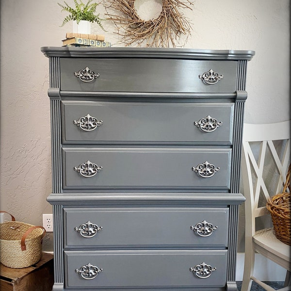 Painted Dresser. 5 drawer Chest of Drawers. Upcycled Solid Wood Bedroom Furniture Painted in a Creamy Neutral Gray Brown tone. Free Shipping
