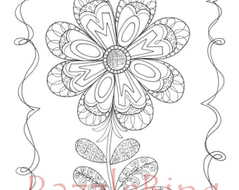 Printable Coloring Page Zentangle Henna Inspired Mom Flower Zendoodle Doodle PDF Instant Download Kids Flowers Mothers Day