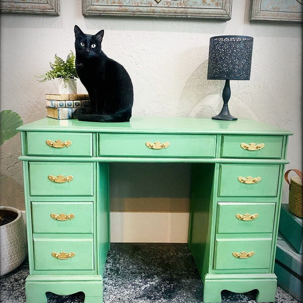 SOLD - Painted Desk. Single Drawer. Upcycled Solid Wood Furniture Painted in a Rich and Colorful Teal. SHIPPING INCLUDED