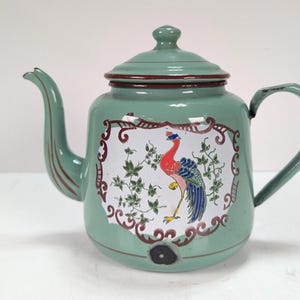 May include: A vintage green enamel teapot with a lid and handle. The teapot features a decorative panel with a colorful bird illustration and floral accents. The spout and handle have brown trim.