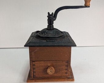 Vtg Wood Coffee Grinder Hand Crank Ornate Cast Iron Top Drawer Dovetail Joints