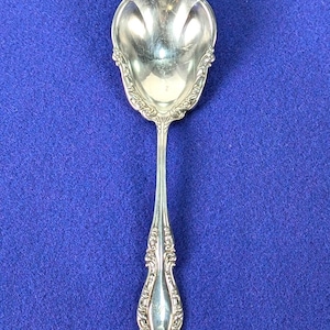 May include: A silver spoon with an ornate design. The spoon features a rounded bowl and a long, slender handle. The handle and the bowl's rim are decorated with intricate floral patterns. The spoon is set against a blue background.
