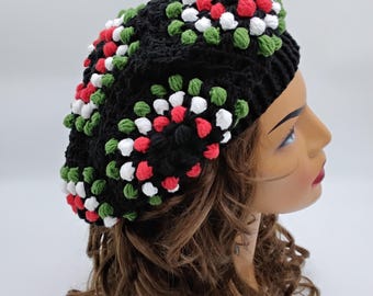 手作りの黒いポップコーンニットビーニー、カラフルな花柄のボヘミアン風冬用帽子